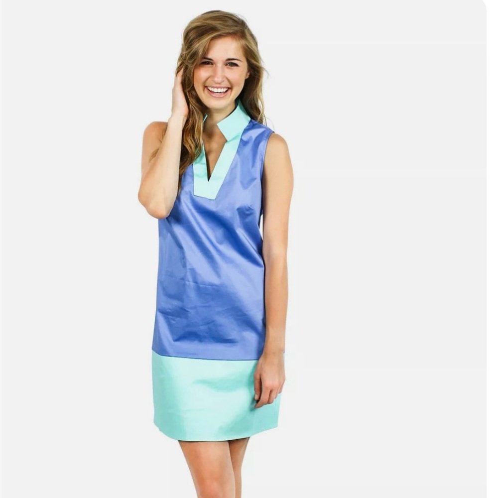 Sail to Sable Color Block Shift Dress in Blue and Green